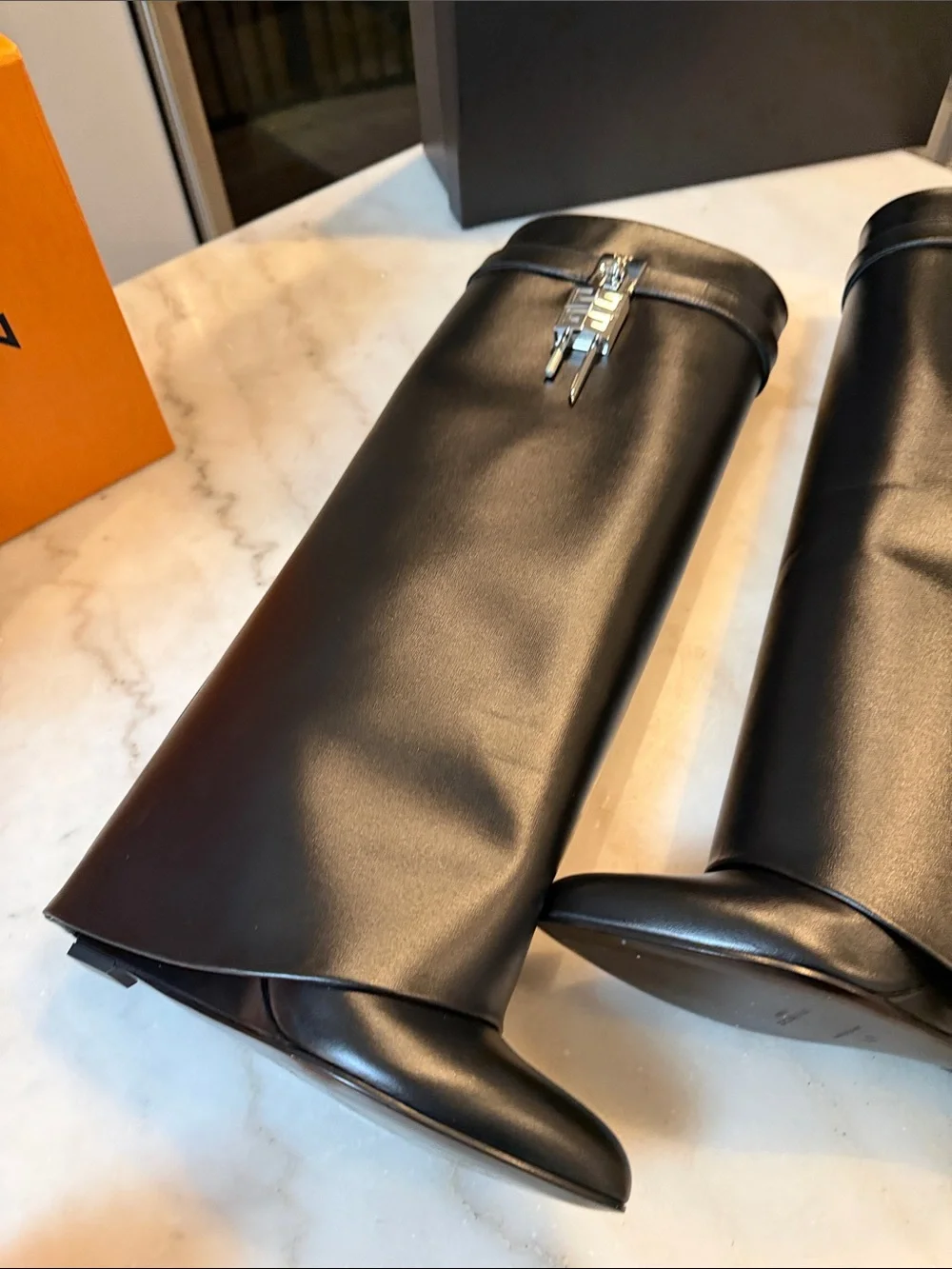 Givenchy SHARK BOOTS Black Leather with Silver Padlock Accent